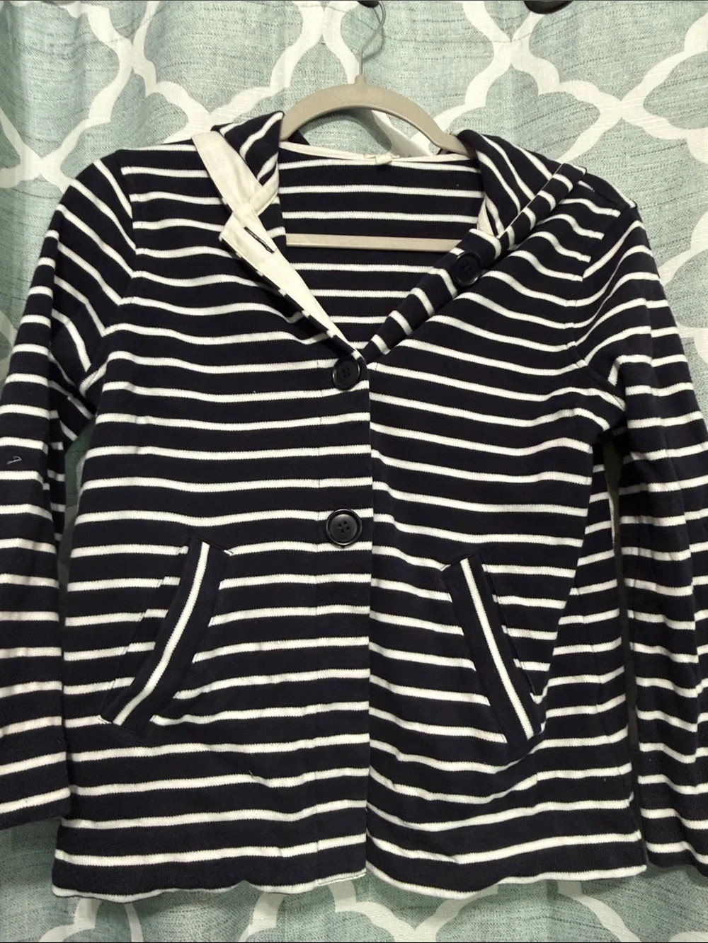 J. Crew Navy and White Striped Hooded Blazer